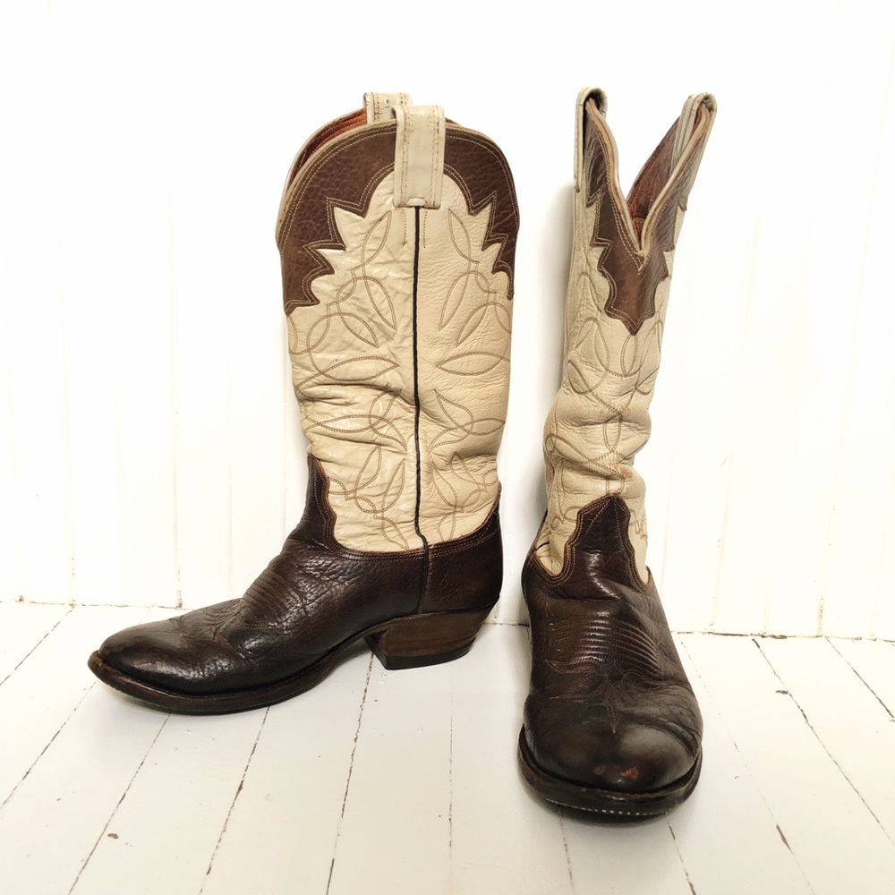 Nocona Vintage Leather Cream & Brown Cowboy Boots
